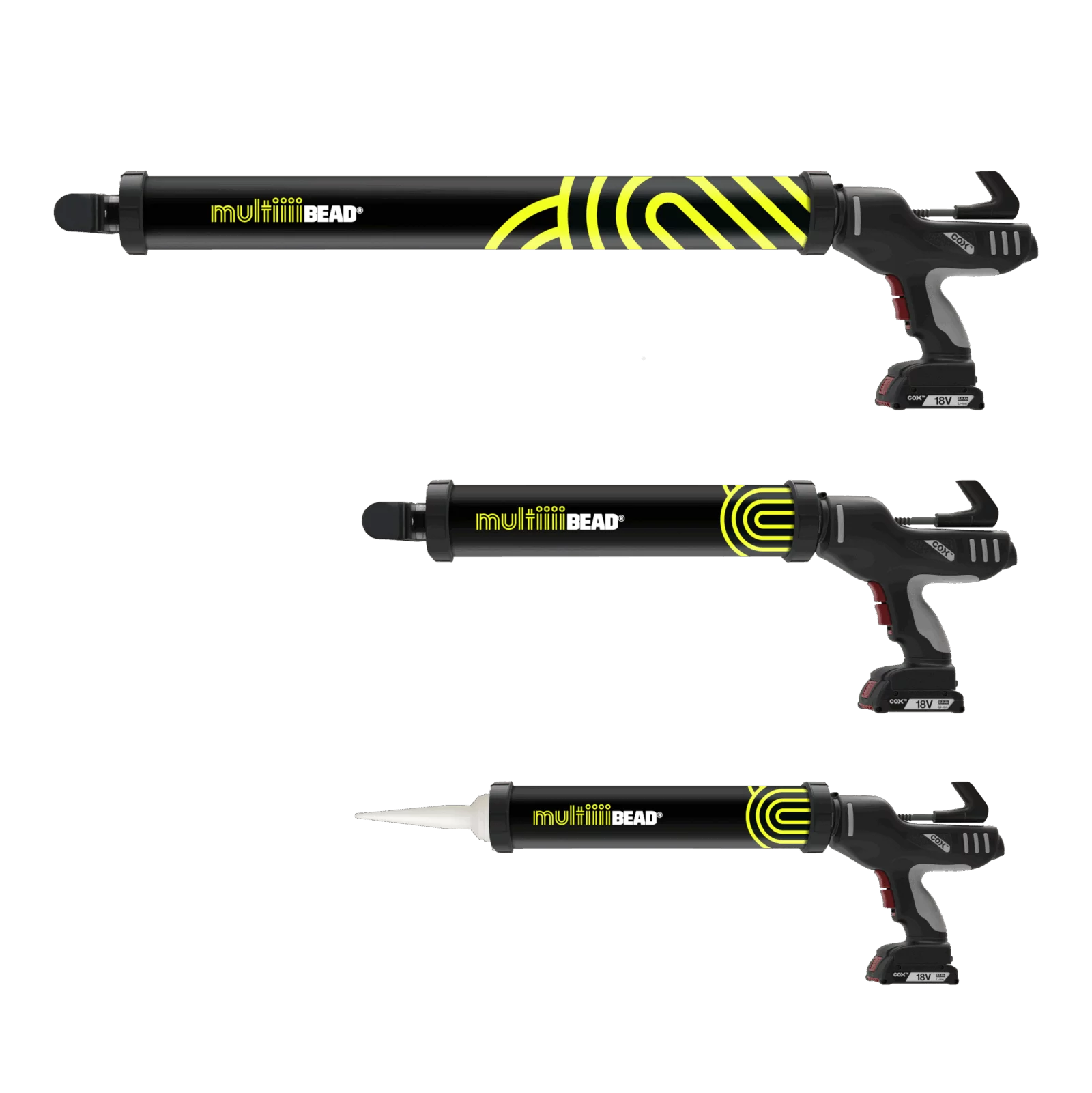Three black and yellow MultiiiiBead adhesive guns in different sizes