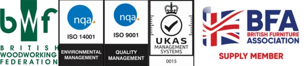 BWF and BFA membership, NQA ISO 14001 and ISO 9001 certifications, and UKAS Management Systems accreditation.